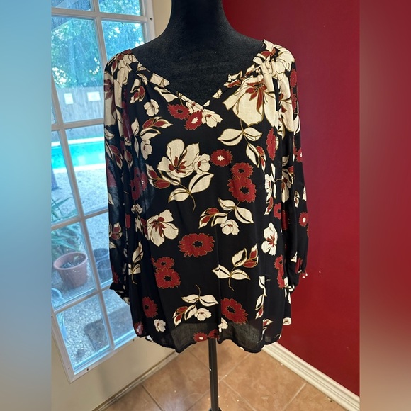 Lucky Brand Sheer Black Floral Peasant Blouse  – Size Medium - Boho Chic - Picture 1 of 8